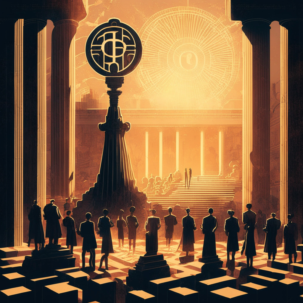 An ornate gavel striking a block bathed in soft late-day sunlight, a diversified group of people silhouetted in the background representing various professional fields. In the distant corner, a cryptic labyrinth symbolizing the complex world of blockchain & cryptocurrency. The artistic style should be a mix of realism & film noir, setting a solemn, courtroom drama mood.