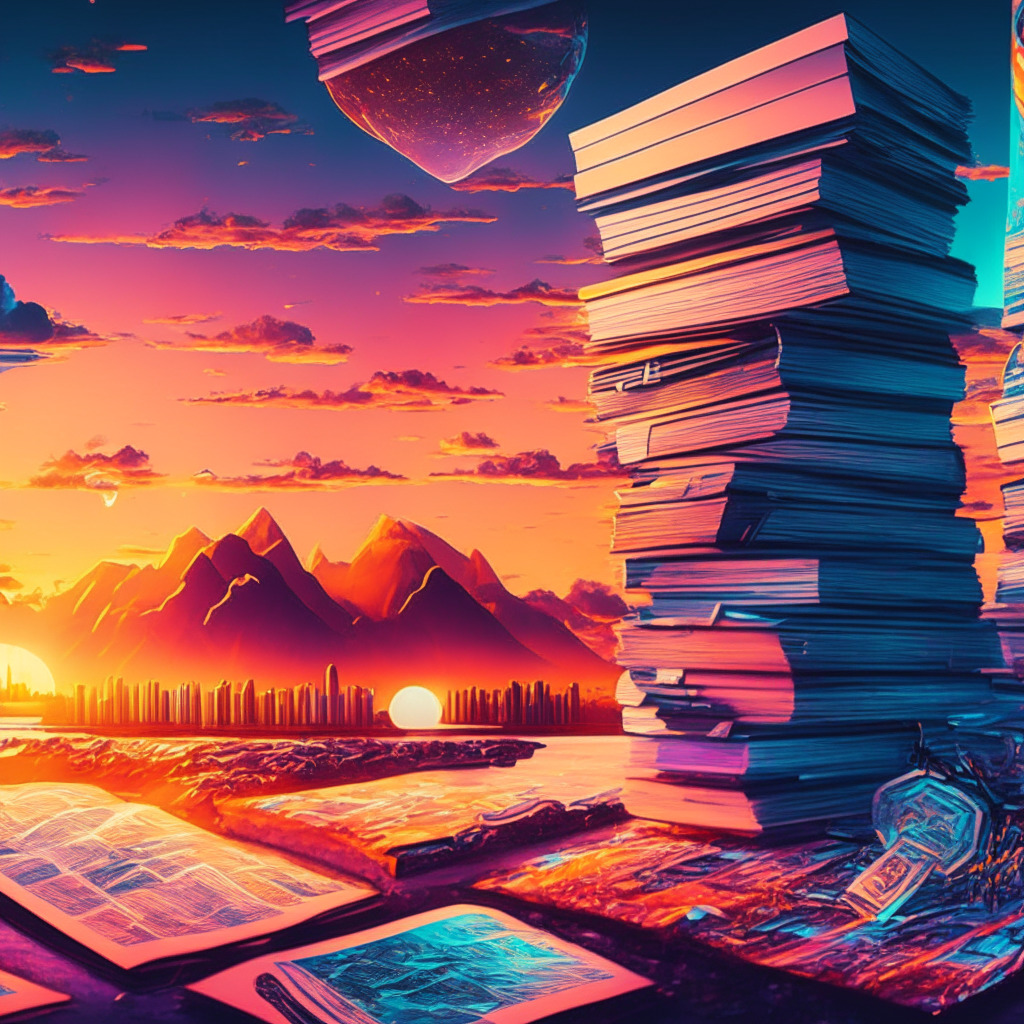 A panoramic view of a digital landscape, set under a vibrant sunset. The scene is divided by a large, shining scale: on one side, stacks of traditional legal documents symbolizing KYC and compliance, on the other side, holographic symbols of cryptocurrency, exuding a sense of freedom and innovation. The setting renders an artistic blend of realism with a touch of surrealism, conveying the mood of balance, tension and possible future transformation.