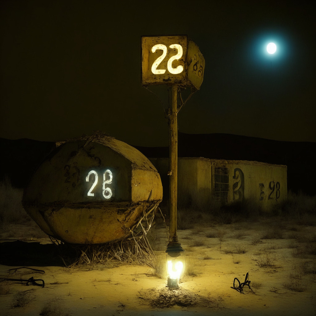 Depict a dimly lit, abandoned cryptomining facility in Kazakhstan, projecting a sense of desolation and crisis. Incorporate symbols such as idle mining equipment, a rusted sign displaying the number '26' Tenge, and a dying light bulb symbolizing high energy costs. Evolve these into a barren desert landscape, alluding to industry desertion. Merge in an evening sky, transitioning from a bright vibrant past to a dark threatening future. Paint it in an oil-on-canvas like style, reflective of turmoil and despair.