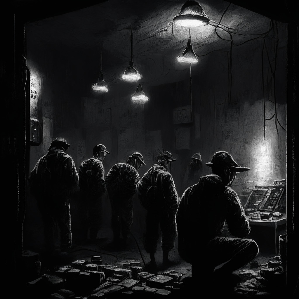 Cryptocurrency miners in Kazakhstan distressed over rising energy costs, a dimly lit room filled with mining rigs, a sense of urgency and frustration. Illustrated in a semi-realistic, dramatic, noir style. The image evokes a tense mood, reflecting the struggle between innovation and resource allocation.