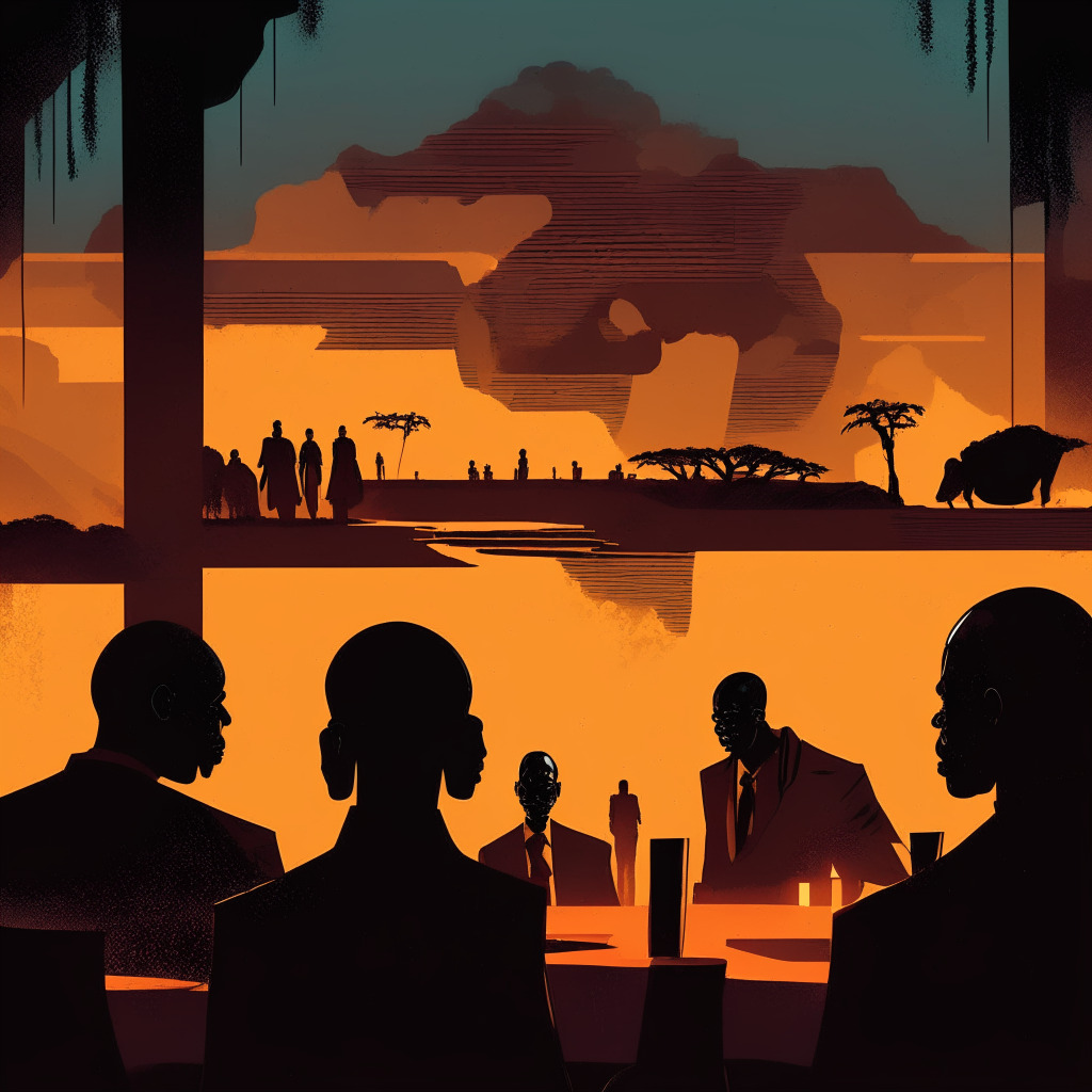 Twilight setting in East African landscape, featuring shadowy figures in parliamentary discussion, reflecting tension and uncertainty. Warm lighting illuminates an abstract depiction of a digital world that includes indications of eye-scanning tech amidst blockchain icons. A subtle element of tightening chains represents regulation. Art style akin to neo-noir to embody a mood of intrigue and concern.