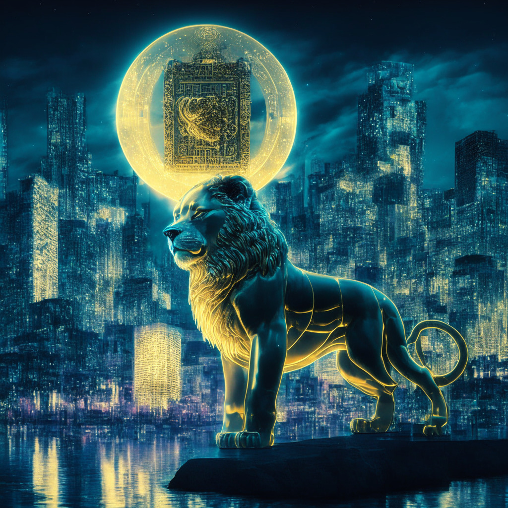 A modern cityscape bathed in moonlight, reflecting the UK's bustling fintech industry. Central is a gilded, majestic lion-dog (Komainu) holding a digital lock as a symbol of crypto-custody. Surrounding the scene are translucent bubbles representing seized digital assets. The mood is contemplative, highlighting the tension between regulation and individuality.