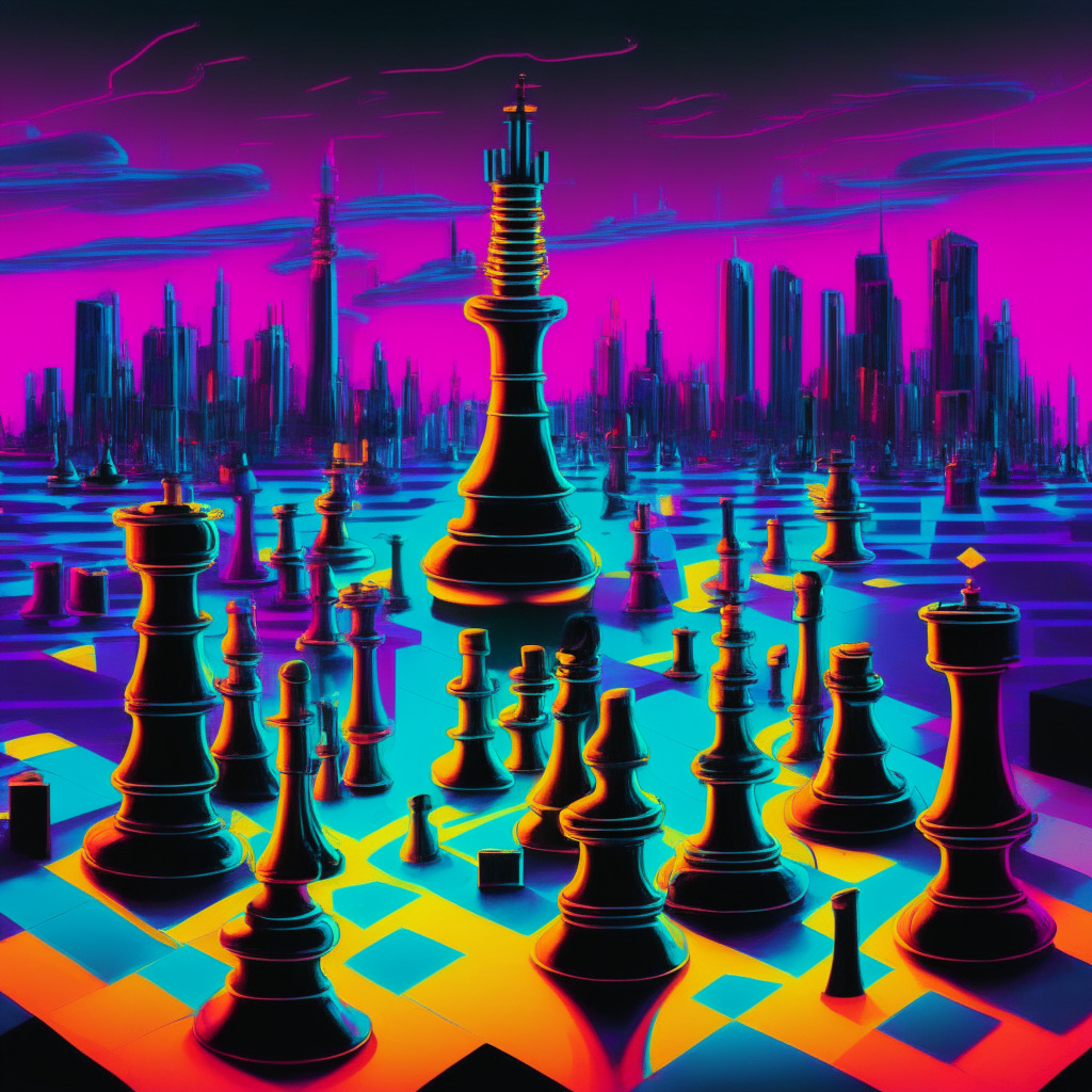 A modern digital cityscape at dusk, symbolic chess pieces on a board, signifying strategic game of acquisition. Bright neon hues of cryptocurrency symbols illuminating, intertwined Kraken and Dutch landmarks, suggesting a fusion. Artistically, the scene embodies a hint of Cubism, painting uncertainty, anticipation. Mood - tense, spirited.
