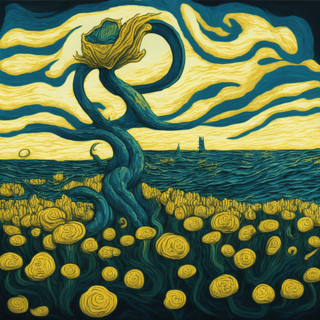 An abstract interpretation of the expansion of a Sea Monster(Kraken) in the landscape of tulip fields representing Holland, the Sea Monster is entwining a blockchain symbolizing the acquisition, the atmosphere should be illuminated with a golden hue of late afternoon light, the mood should be ambitious and optimistic suggesting business growth, the artistic style is reminiscent of Van Gogh with swirling brushstrokes.