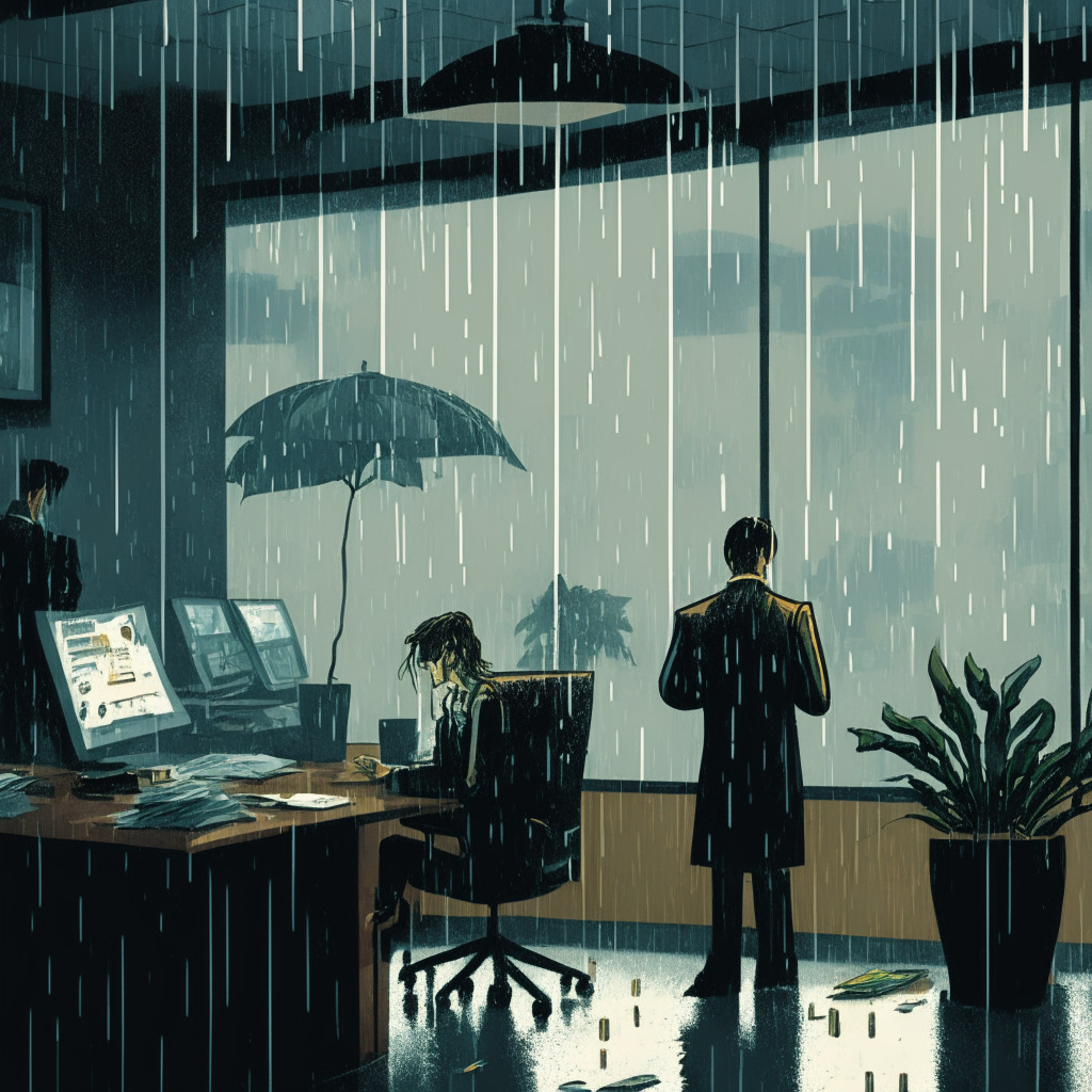 A stormy office scene depicting dwindling employees, mood of unease and uncertainty, Rain lashing against the windows to symbolize the challenging macroeconomic environment and the bearish market condition in the crypto industry, Withered golden tree in the room representing past successful funding but now facing hard times, In the background, ambiguous but evident multi-national companies' logos hint at widespread layoffs.