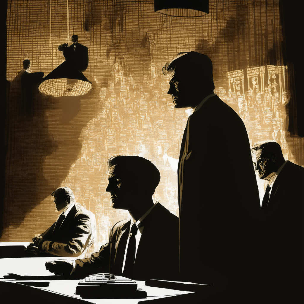 A dramatic courtroom scene, harsh lighting casting long shadows upon two men, Sam Bankman-Fried and Alex Mashinsky, appearing tense and serious. A dense gathering of snaking blockchain codes, subtly embroidering the backdrop. In the foreground, a miniature crypto market displaying drastic ups and downs. The artistic style is reminiscent of a tense film noir. The mood exudes uncertainty, tension, and anticipation.