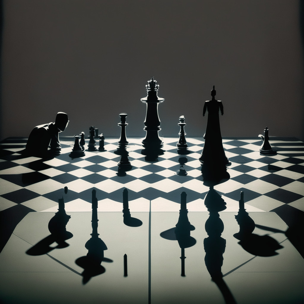 A courtroom drama scene set in soft, dramatic lighting, two rival crypto exchange entities face-off, represented as chess pieces on a chess board. On one side, a figure symbolizing a CEO, on the other, a representation of a wronged investor. A fallen chess piece signifies the downfall of one entity. Shadows and silhouettes add suspense, intrigue, and tension.