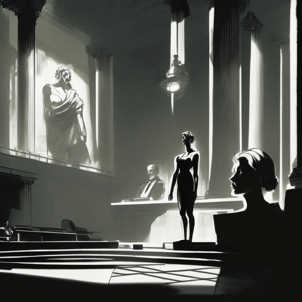 A court room in a neoclassical art style, austere lighting casting stark shadows. A conflicted figure representing Sam Bankman Fried sits in the spotlight, facades of wire, securities, and bank symbols imposingly towering above him. A female figure, representing an ex-lover and former CEO, lurks in the background, her diary open, revealing unseen truths. In the periphery, silhouettes representing witnesses and prosecutors press against the gloom, symbolizing increasing pressure. The mood is tense, illustrating a cautionary tale about a whole industry’s regulatory uncertainties.