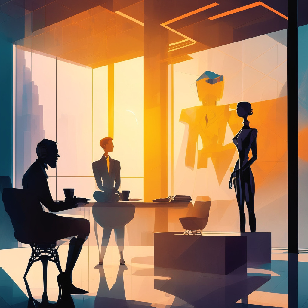 Futuristic office environment with AI technology integration, humanoid AI assistant discussing recruitment with a human recruiter, touched by rays of early dawn light symbolizing a new era, painted in a Cubist style. Mood: a blend of optimism and apprehension.