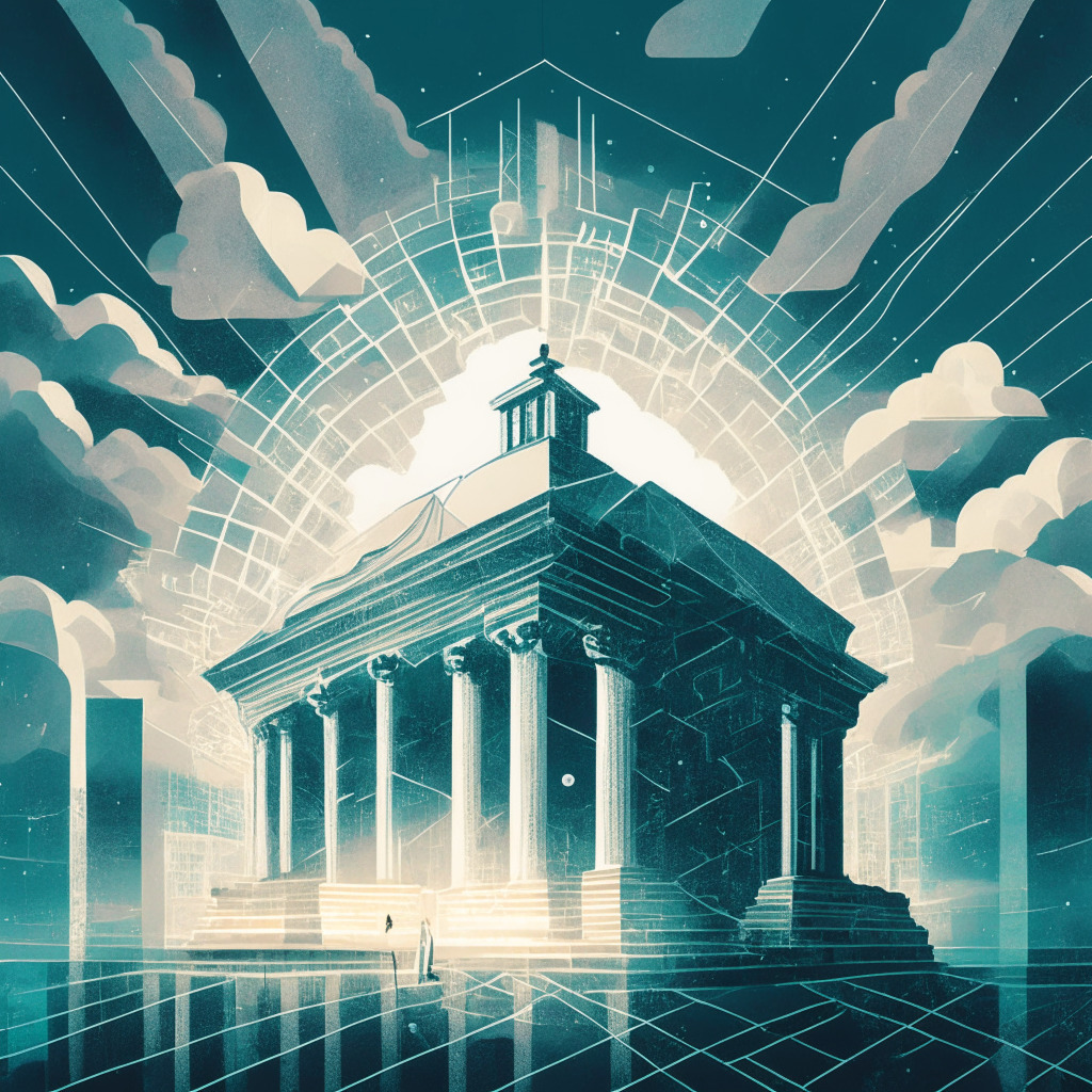 Global finance symbolized by a network of symbols, transparent blockchain imagery enveloping traditional bank buildings. Glimmers of Bitcoin, Ethereum in muted pastel colours hinting at disclosure. Dark storm clouds to reflect turbulence, with rays of disclosure-infused light beaming down marking a new dawn of transparency in cryptocurrency regulation. Art style reminiscent of realism with a touch of abstract elements, mood is hopeful yet apprehensive.