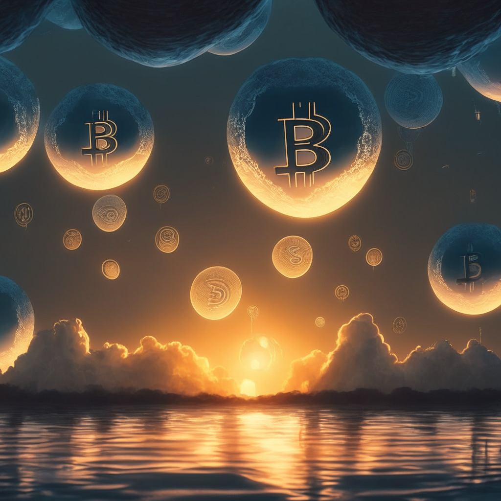 Dramatic, twilight skyline ripples with financial symbols, buoyant balloons in the forms of Bitcoin and Ethereum ascending in the soft dusk glow. A sense of relief swells, showcasing the systemic upsurge in the crypto cosmos. Yet, lingering clouds cast shadows, hinting at potential volatility & risks, evoking a mood of cautious optimism.