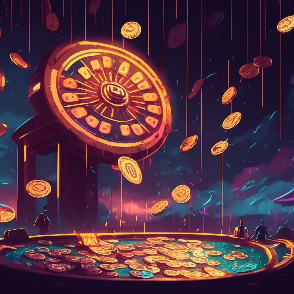 Casino scene in digital art style, dusk setting with vibrant drizzling lights, portraying the revolutionary decentralized gambling world. Incorporate a spinner's wheel and stacks of coins symbolizing winnings, stirring agitated yet hopeful emotions. Player thrill at a new sportsbook launch must following an unexpected windfall. Additionally, add a caution sign with a stylized phone hinting at potentially harmful habits. End with a crowd leaping towards a platform emerging from an enormous dice, depicting disruption in online betting.