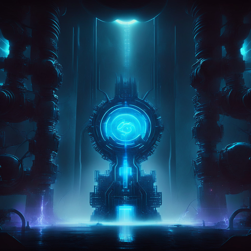 A futuristic scene of a vast, complex machine interface emanating with nuclear energy, symbolizing the fusion of AI and nuclear power. The scene is illuminated with an eerie sapphire glow, emphasizing the controversial yet efficient energy pathway. The machine is set against a dark, hazy atmosphere creating a sinister, yet hopeful mood.