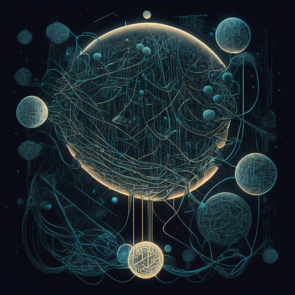 An intricately detailed futurist image, subtly illuminated with a moonlight glow. It depicts an abstract representation of cryptocurrencies swapping in a world of advanced tech and smart contracts. Stylistically, the concept should encapsulate a feeling of steady growth with intertwined threads hinting at potential vulnerabilities. The overall mood should be a balance of optimism and caution.