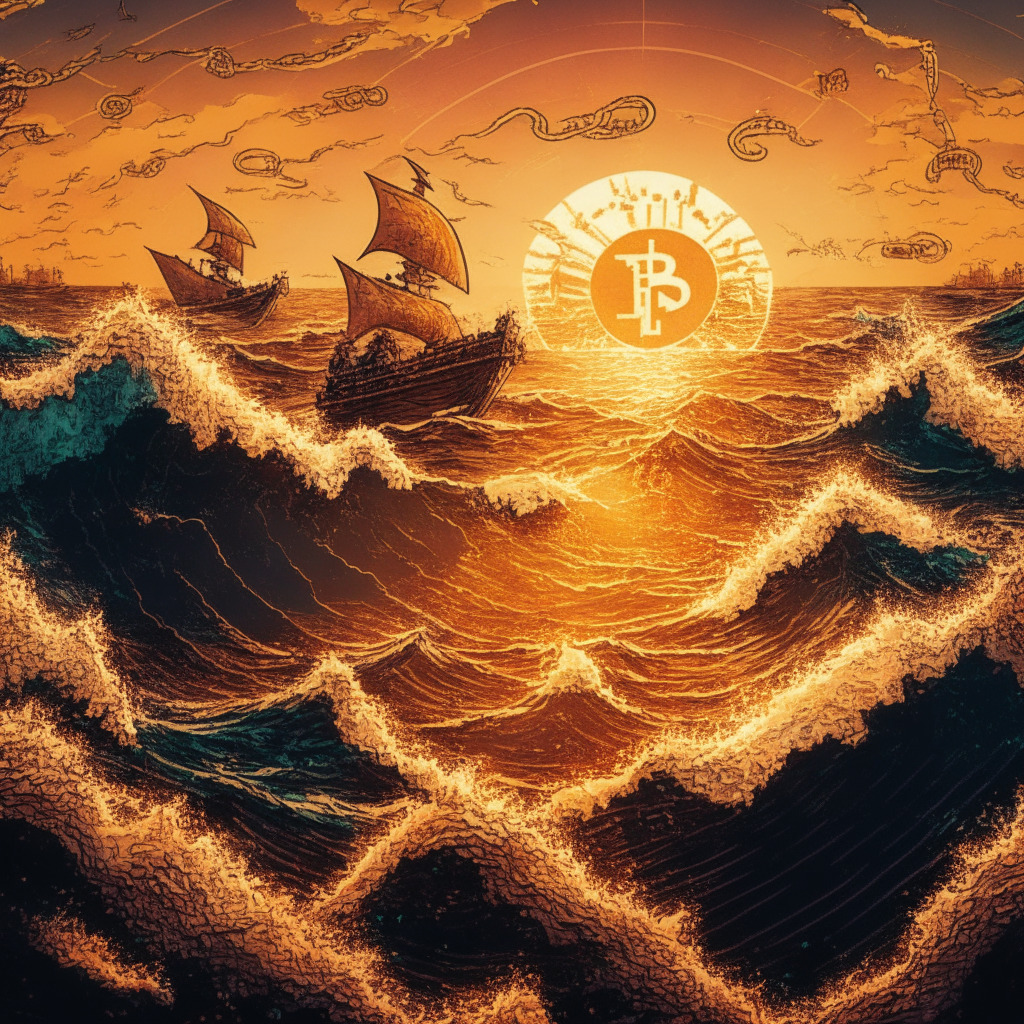 An energetic blockchain sea under a bronze sunset, waves rising and falling, symbolizing Bitcoin's price fluctuations. Gold-rush style treasure hunters excitedly navigate the waters, their eyes glued to intricate maps, marking the cryptocurrency's significant points, hinting potential bull market. Against a crimson skyline are numerals and technical chart indicators - MACD, RSI, EMA in stylized calligraphy. Mood is pumped up, yet seasoned with caution.