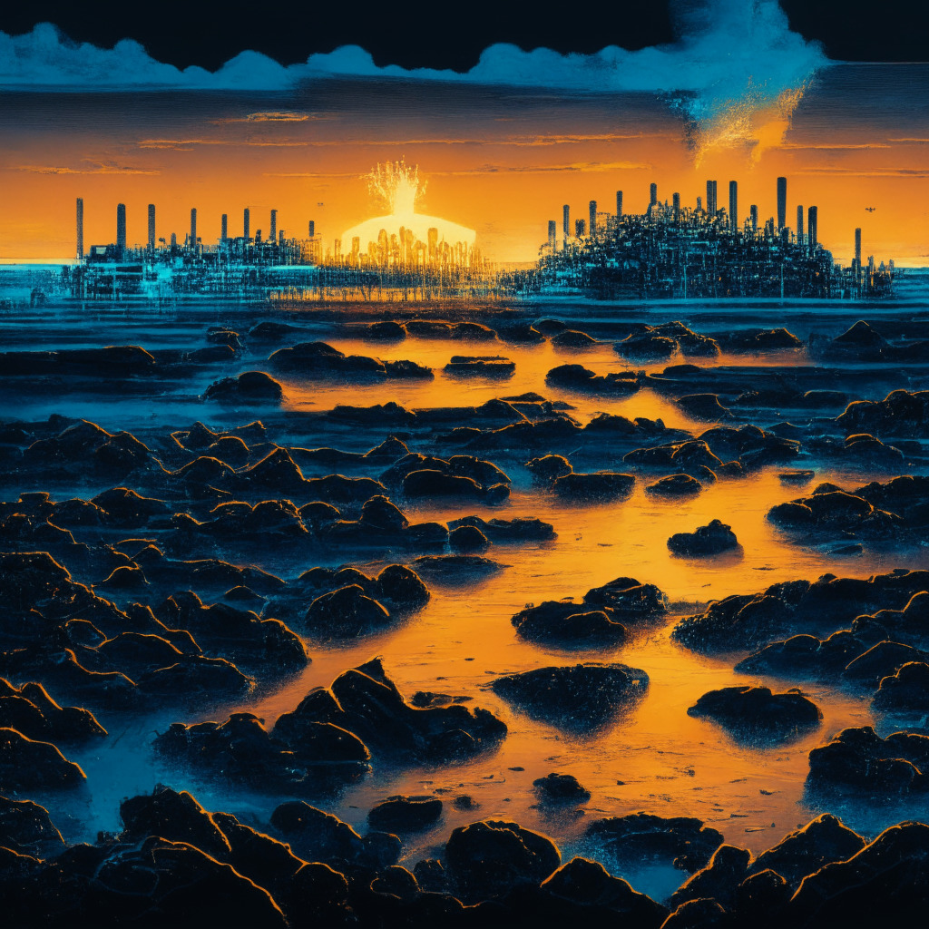 A bustling crypto-mining industrial landscape under a dusky sunset, lit by azure and copper hues, symbolizing Bitcoin's fluctuating tides. Prominently feature a Marathon-inspired mining plant in Texas, with steady jets of vibrant gold, representing production increase. Depict intensified activity around an abstract representation of Kraken, glowing with concentrated areas of incoming Bitcoin. The horizon shows a somewhat rigid setup mirroring Uzbekistan's stringent regulations, casting contrasting cold shadows. A visual representation of Bitcoin's price pivot hovers in the sky, evoking a speculative, yet cautious mood.