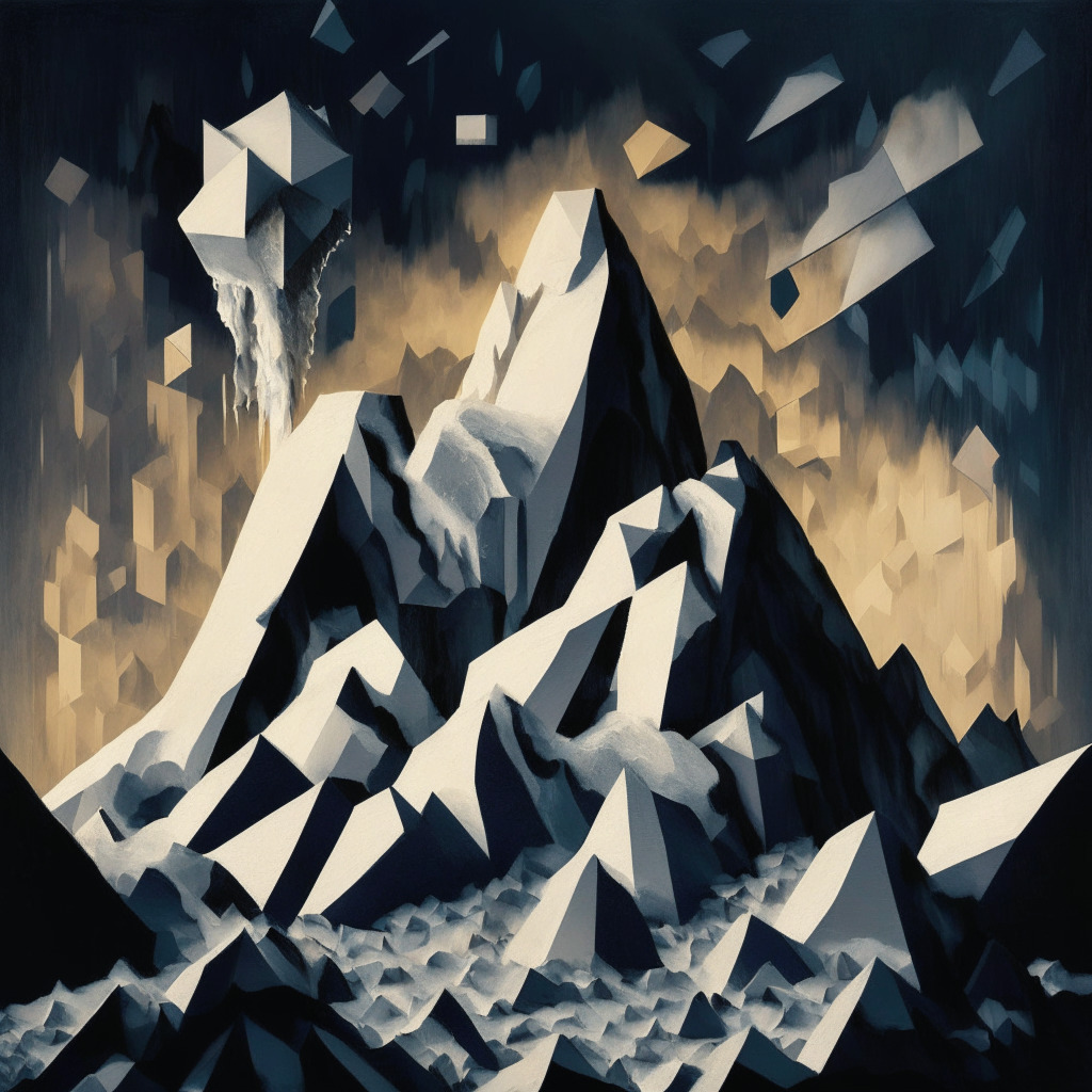 An abstract interpretation of Bitcoin's struggle to reach $30,000, in a style reminiscent of cubism, early evening light casting long, dramatic shadows, invoking a somber mood, Bitcoin represented an ice-encrusted mountain peak, with dark clouds symbolizing Fed concerns and adverse market forces hovering above, people scrambling up the mountain, embodying the weary investors, a palpable tension saturates every corner of the canvas, contrasting textures and colors indicating the fluctuating fortunes and volatility of the cryptocurrency.