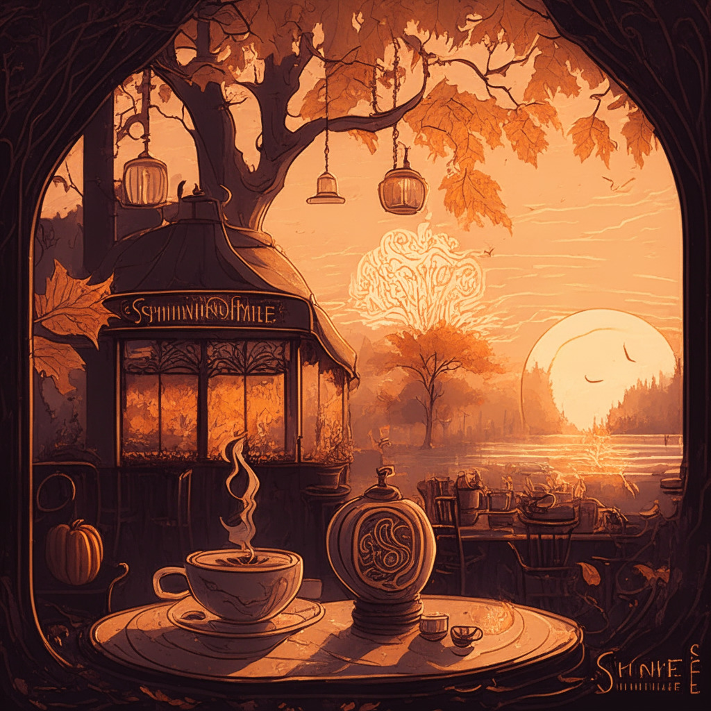 Sunset-lit, autumn setting café scene, art nouveau style, colors of fall filling the ambiance. A frothy Pumpkin Spice Latte sits, steam rising, beside an ethereal digital stamp, symbolizing non-fungible tokens. Mystery shrouds the blockchain undercurrent, instilling warmth and intrigue in equal measure.