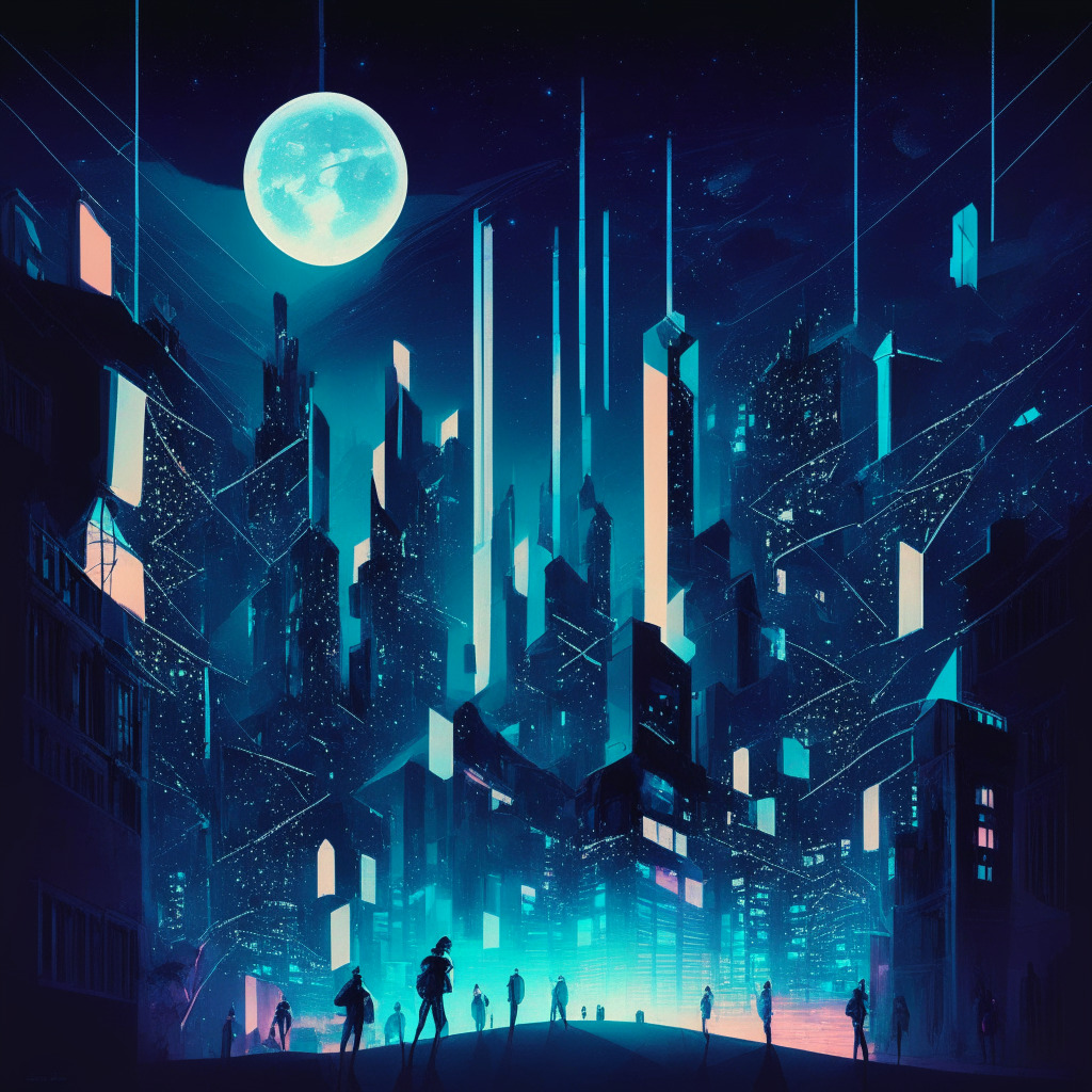 A night-time cityscape elite over Ethereum blockchain, evoking memories of team shifts within Polygon, lit by the promise of Polygon 2.0. Dominant figures exemplifying founders and new leaders stand tall over shifting architectures, showing progression. Streets reflect fast-paced changes in leadership team, painted in abstract and technological style. The moon shines upon a resilient MATIC token hinting at steady progress and anticipation, imbuing the scene with a moody air of intrigue and anticipation.