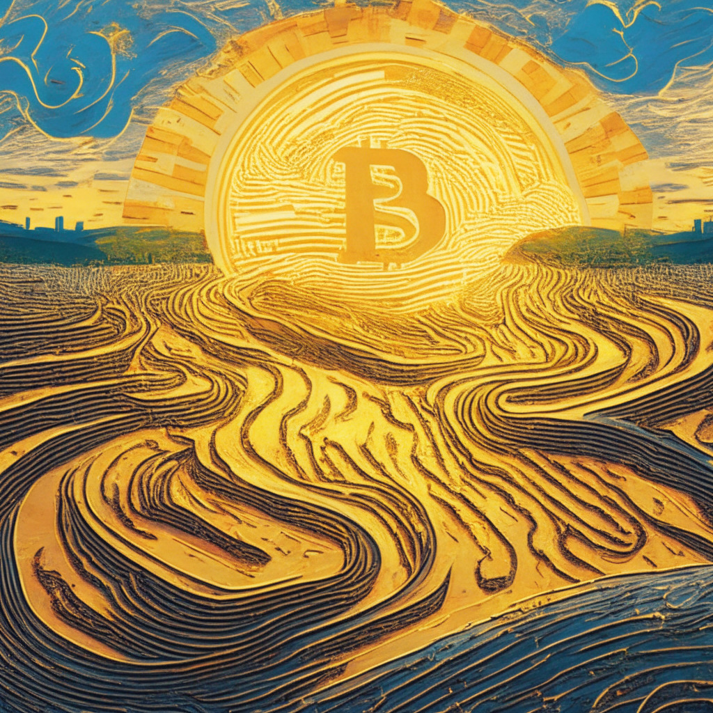 Sunset over a digital landscape, reminiscent of van Gogh's swirling style. The ground, composed of golden Bitcoins, mirroring the macro-economic factors. Foreground shows a rollercoaster, symbolizing volatility and unpredictability, ascending towards Q2 2024. Center stage hold central banks swaying to the rhythm, casting long shadows of anticipation. Light emanates from a tumultuous cloud, bearing semblance to an encrypted message, hovering over a tower symbolizing the crypto exchange, all in a mood of suspense, wonder, and intrigue.
