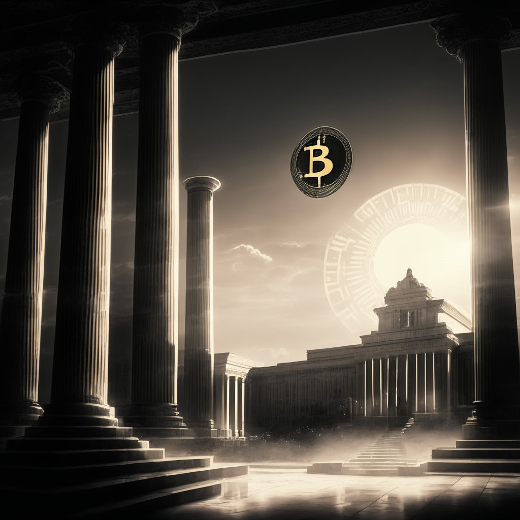 Gloomy courthouse with high ceiling, towering pillars, in greyscale, ominous yet magnificent. A bright, gold digital Lock, embossed with Bitcoin logo, looms in the foreground. A distant, radiant corner depicts Singapore skyline under mellow sunset light. The scene signifies constraints, subtle optimism, struggle and emerging opportunities in global crypto regulations.