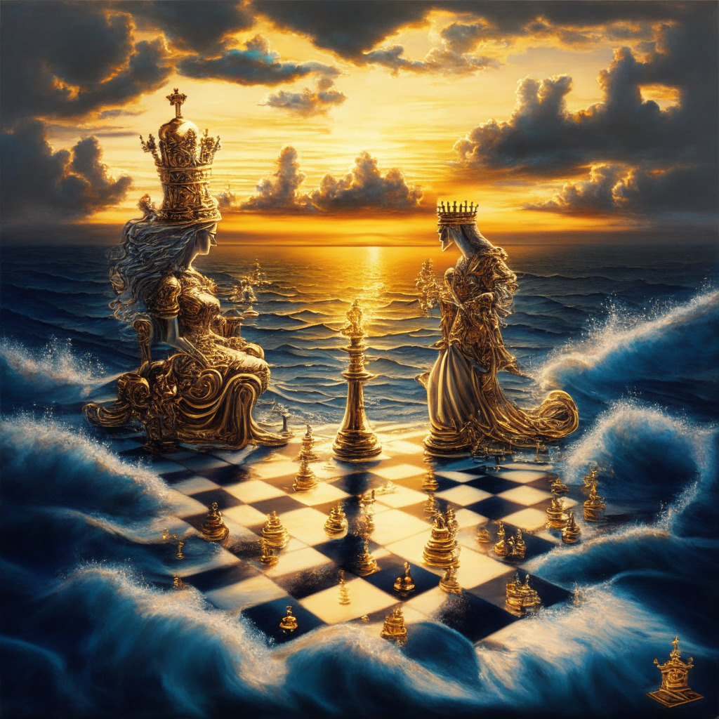 A regal king and queen playing chess on an ornate board representing traditional finance, their pawns shaped as shining gold and silver cryptocurrencies. The chessboard floats on a turbulent sea, reflecting the volatility of digital assets. A vibrant sunrise colors the background, symbolizing a bullish market, while the ominous clouds nearby hint at potential bearish shifts. The style is surrealist realism, with dramatic chiaroscuro light setting to accentuate the risk-reward tension. The atmosphere is filled with anticipation, intrigue, and complexity.