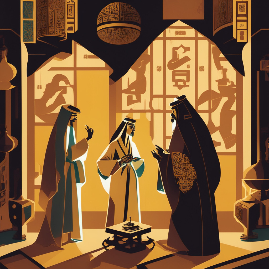 An intricate depiction of Saudi Arabian and Chinese figures engaged in a symbolic tech exchange, in vivid art deco style. Low, warm light seeps into a room filled with Arabic motifs and Chinese architectural elements. Convey a mood of cautious optimism, tinged with the shadows of potential risks and uncertain outcomes. Show digital symbols hinting at AI, Arabic, and blockchain technology.