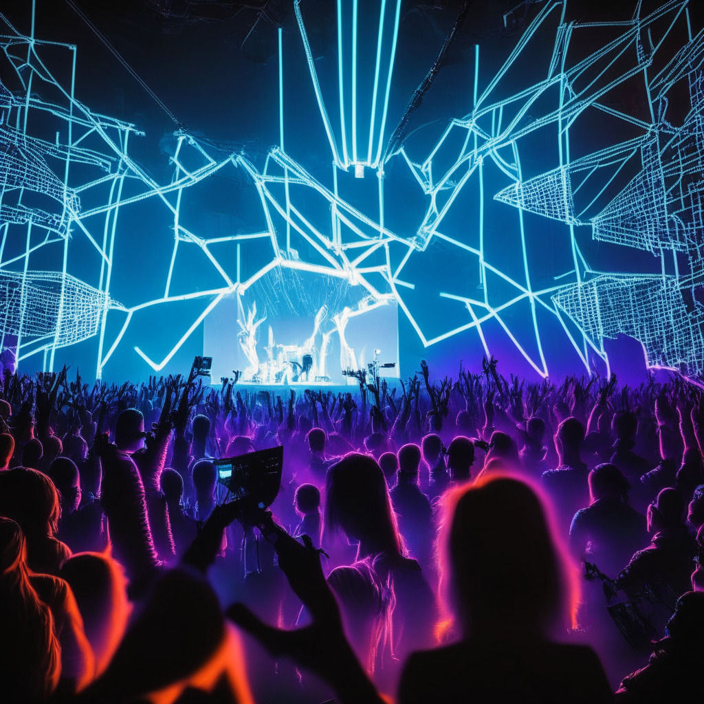 A futuristic concert scene illuminated under soft neon lights, with the artist Vérité onstage engaging with a crowd. The audience members are clutching tokens glowing with a unique digital pattern, representing NFTs. In the background, faintly visible wireframe structures symbolize the Web3 space. The mood should be optimistic, yet cautionary, metaphorically balancing on the edge of a double-edged sword, with a surreal, advanced tech art style.
