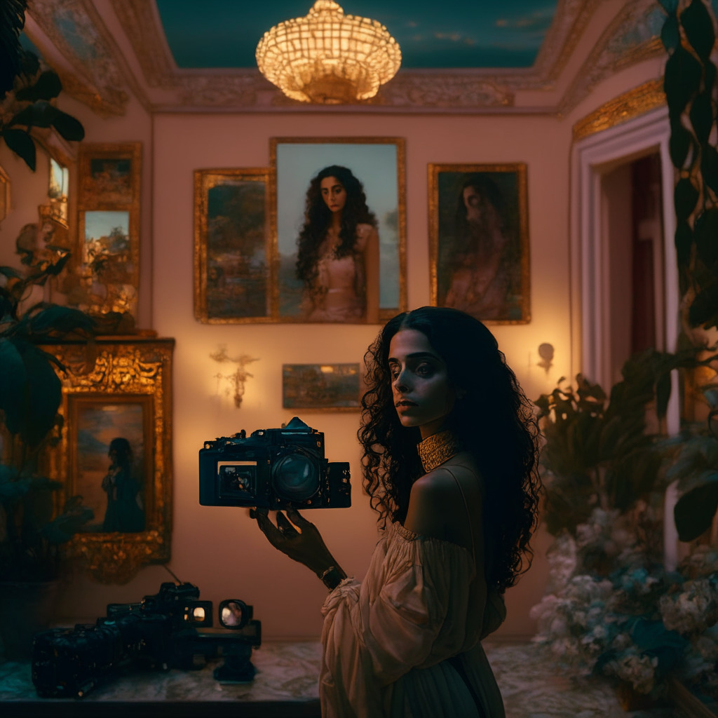 Depict an opulent Spanish villa bathed in soft twilight glow, a tranquil Colombian woman, likewise Ana, amidst the chaos. On one side, a room displaying an array of digital tokens representative of NFT art, on the other side, a film camera. The scene exudes an underlying tension, highlighting the contrast between traditional and blockchain-fueled worlds. Convey an atmosphere of hesitant anticipation and juxtapose traditional art with a futuristic, crypto aesthetic.