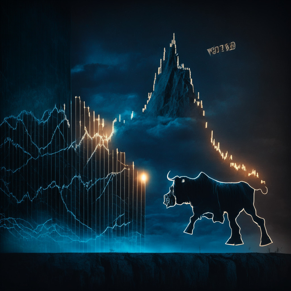 Dramatic, highly intricate scene of a bull and bear locked in combat on a jagged graph, illuminated by a moody, nebulous twilight sky. The graph represents a cryptocurrency's profile, with ascending trends, and slip points manifesting as rugged cliffs. The bull, victorious, stands atop the $0.5200 marker, symbolizing a bullish outlook for XRP.