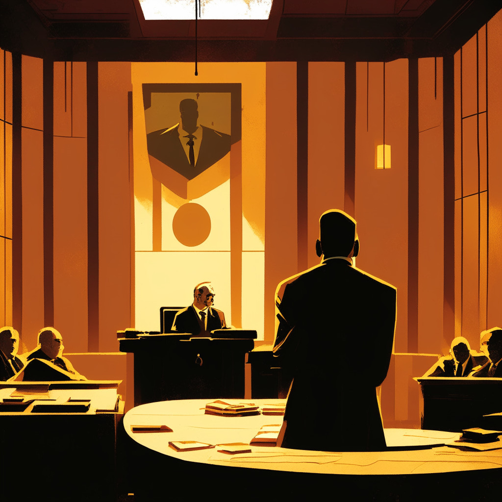 A court room bathed in soft, amber light symbolizes rising tension, A labyrinthine legal document filled with crypto jargon signifies the complex legal landscape. A man in dark suit, (representing Alex Mashinsky) stands facing the intimidating document symbolizing his trial. A fallen crypto coin represents the investor losses. The overall style is expressionist with muted colors to set a sombre mood.