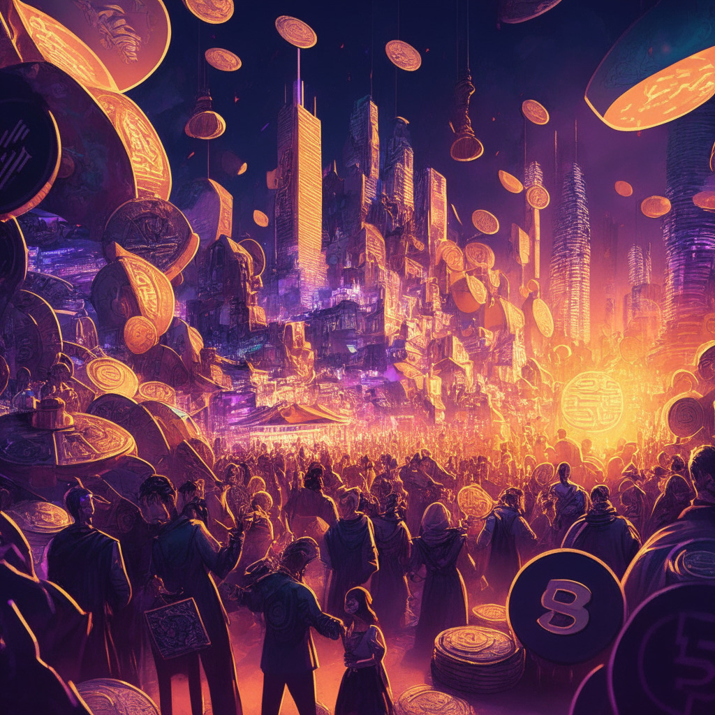 A chaotic marketplace bathed in the glow of twilight, symbolizing global crypto turbulence. Metallic, futuristic buildings towering over a crowd embodying Bitcoins, Ether, and a sea of meme coins. The scene conveys high stakes uncertainty, introducing bright, unusual coins signifying emerging champions with exponential growth. Characters include anxious investors and promising crypto initiatives, styled in abstract cubism, nuanced with hues of apprehension and potential.