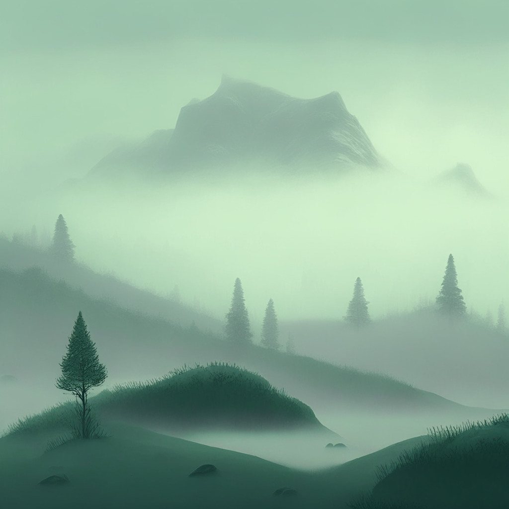 A misty, dimly lit crypto landscape in subdued pastels, representing the 'crypto winter'. Peaks symbolize previous record figures, while troughs show contracting venture capital. Small, resilient sprouts of interest & revival add optimistic green hues. The mood is quietly hopeful but cautious, with the faint promise of a spring dawn.