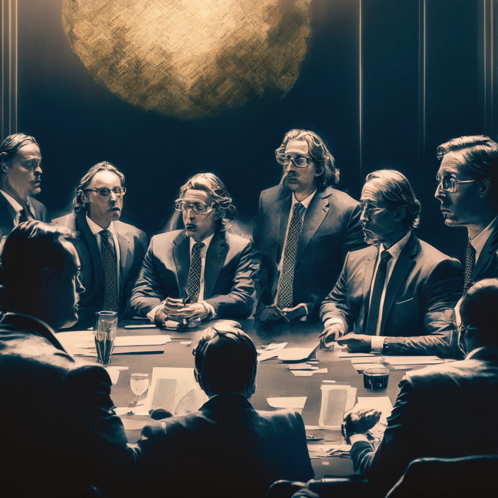 A behind-the-scenes look at cryptocurrency discussions in a sophisticated boardroom, Peter Eberle leading the talks. The image set in a Modern Renaissance style, with soft luminescent light illuminating the faces of the attendees. The mood is reflective of the complexities and uncertainties associated with the emerging crypto ETF waters, yet a subtle optimism seeps through.