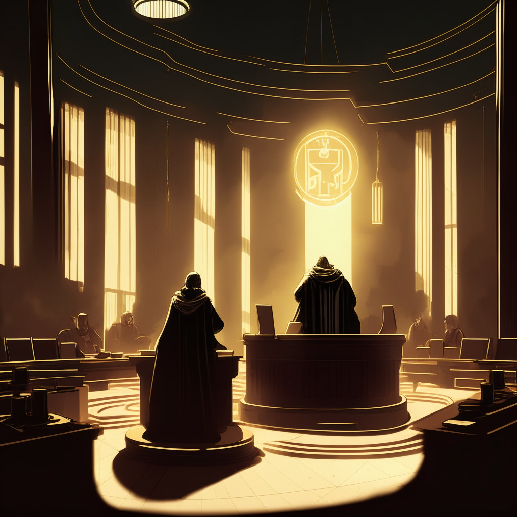 A courtroom in dramatic chiaroscuro light, a judge dressed in traditional robes sitting at a raised desk, ruling against a silhouette representing SEC. In the background, gold and silver coins representing various cryptocurrencies like Ripple, Trust Wallet Token, Bitcoin Minetrix, Avalanche, yPredict and GALA rise and fall in an abstract stock market. The atmosphere radiates tension, struggle, and anticipation, with the lighting highlighting the judge as a symbol of power and final decision.