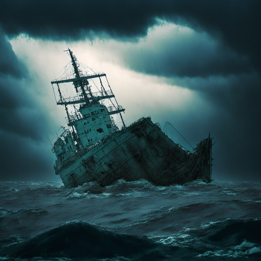 A somber scene of a grand, abandoned ship, named 'IRI' (Industry Recovery Initiative) floating in rough cryptocurrency sea, under stormy skies representing the market downturns. The ship carries faded expectations, dwindling funds, and promises yet unfulfilled. The distance shows a small, comforting light source, symbolizing Binance, casting a minimal, cold light on the scene, depicting its passive role in this venture. Utilize a blend of surreal and realistic artistic styles to emanate uncertainty and critical retrospection.