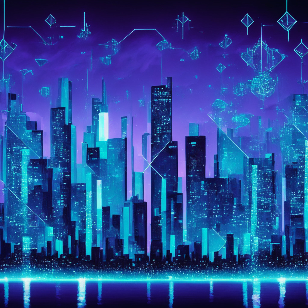 A futuristic cityscape at dusk, bathed in turquoise and violet. Shimmering high-rise buildings with glowing, interconnected nodes represent blockchain technology. Among them, an Ethereum symbol represents the UBS smart contract, a sturdy anchor symbolizing the anchored endeavor, and obscure figures robed in legal outfits signify potential legal pitfalls. In the center, a large, multi-faced prism, reflecting a spectrum of outcomes symbolizes the dynamic world of crypto. A turbulent sea beneath mirroring the uncertainty and volatility. Noises of bustling digital traffic setting the tone of rapid advancement.