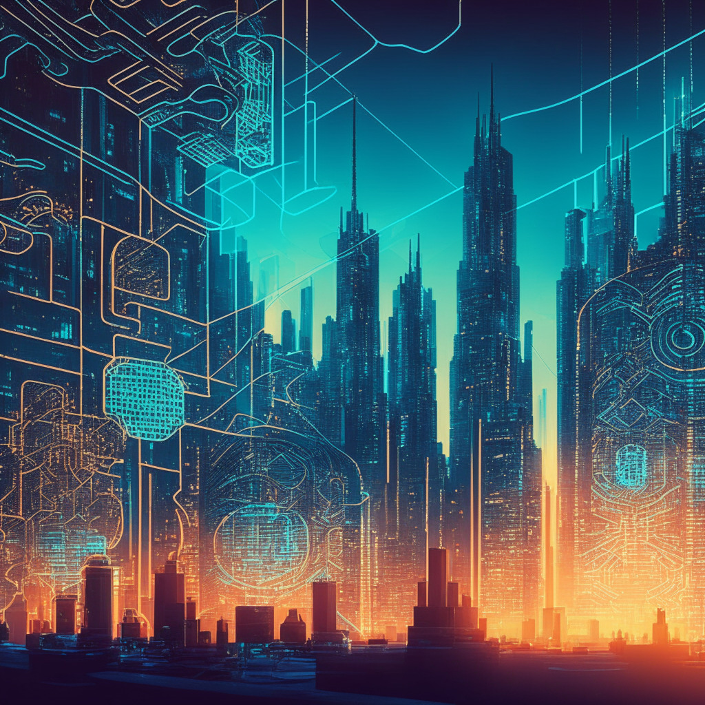 Futuristic scene of financial transactions, teeming with AI and blockchain elements, a luminous cityscape set at twilight, illustrating innovation and security, Art Nouveau style with intricate lines and patterns, Mood is optimistic yet cautious, hinting at the uncertainty and potential change in the industry.