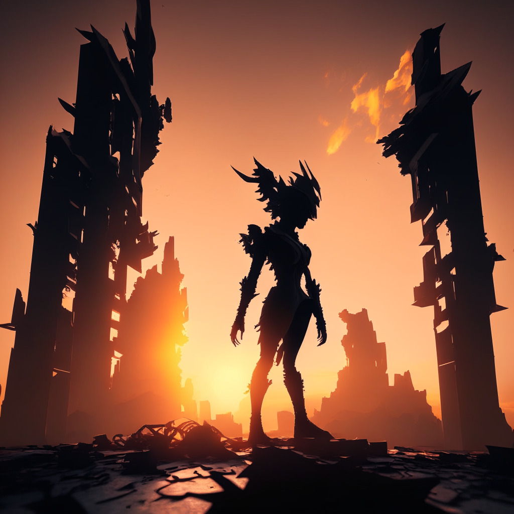 A determined figure, representing Lamina1, pushing through a stark virtual landscape under a dramatic sunset, depicting the rise and fall of the metaverse hype. A world filled with buildings shaped like Unity and Unreal Engine icons, and vague figures crafting autonomous masterpieces. Conceptual deepfake likenesses loom ominously in the shadows, creating an air of uncertainty. The scene echoes a visual narrative of resilience and adaptive innovation under challenging conditions.