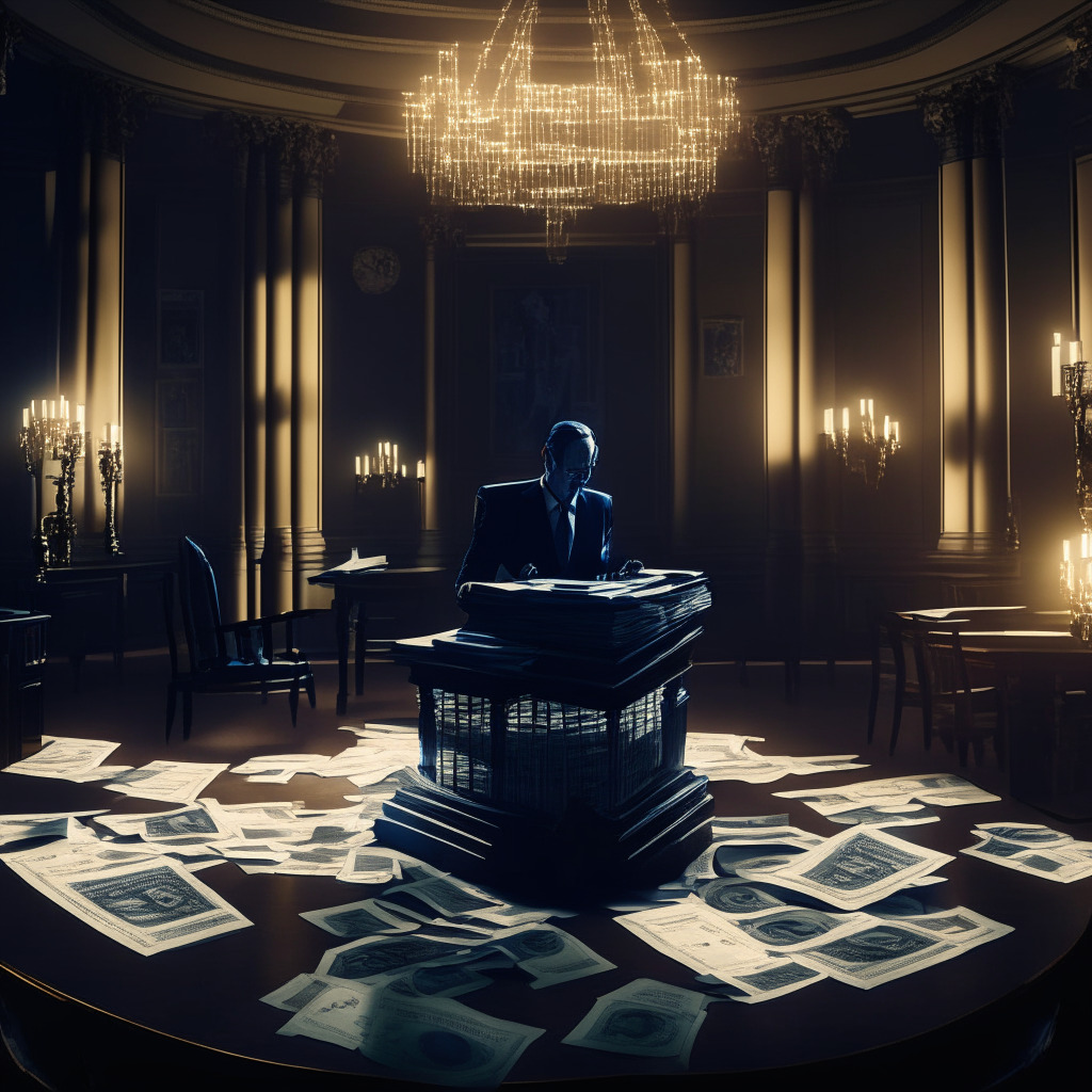 An eloquent lawmaker in a stately room, forging legislative milestones for stablecoin regulation, the prevailing light illuminating a table laden with complex document layers. In the backdrop, a surreal mix of physical cash morphing into digital symbolisms, displaying quiet power. This image encapsulates the intricate labyrinth of financial regulation, veiled under a mutable dusk-light, emphasizing an atmosphere of anticipation, vigilance, and negotiation.