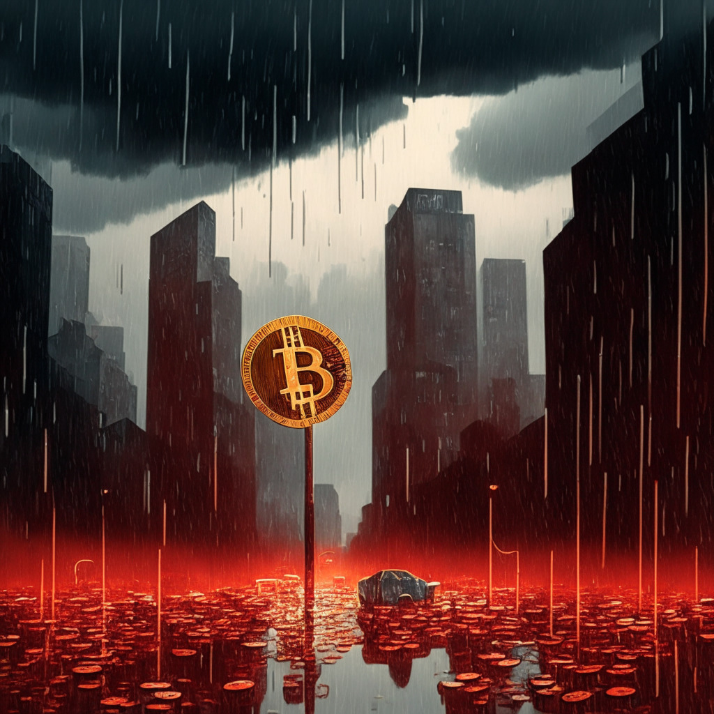 A gloomy cityscape under stormy skies, Bitcoin Cash symbols falling like rain, their crimson hue reflecting in the wet streets. The volatility represented by a seesaw balance between $190 and $275 at the city center. Radiating optimism, emergent Bitcoin Minetrix disrupts the scene as ethereal golden tokens falling from a break in the clouds, hinting of democratized mining and potential growth.