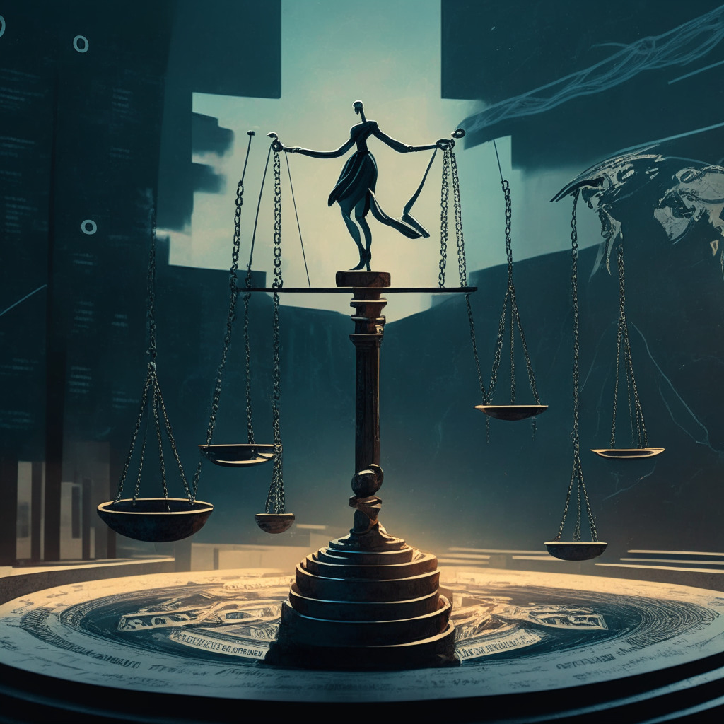 Duskish, noir-style court scene, balancing scales in foreground, blockchain symbols and cryptocurrency coins subtly blended into the background, a figure on a tightrope precariously navigating between the court and a crypto-world panorama. Render the mood tense, indicative of risks, regulations and the fragility of trust in the crypto landscape.