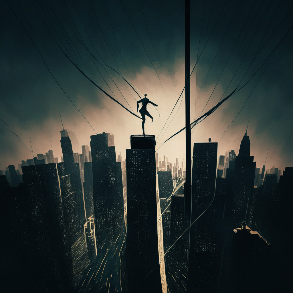 Tightrope walk over a city skyline represents the precarious balance between audacity and lawfulness in the crypto world, warm dramatic courtroom lighting reflects the intensity of the ongoing trial, the murkiness, symbolizing uncertainties within the blockchain sectors, blend of Surrealism and Film-Noir style, evoking an enigmatic, intense atmosphere.