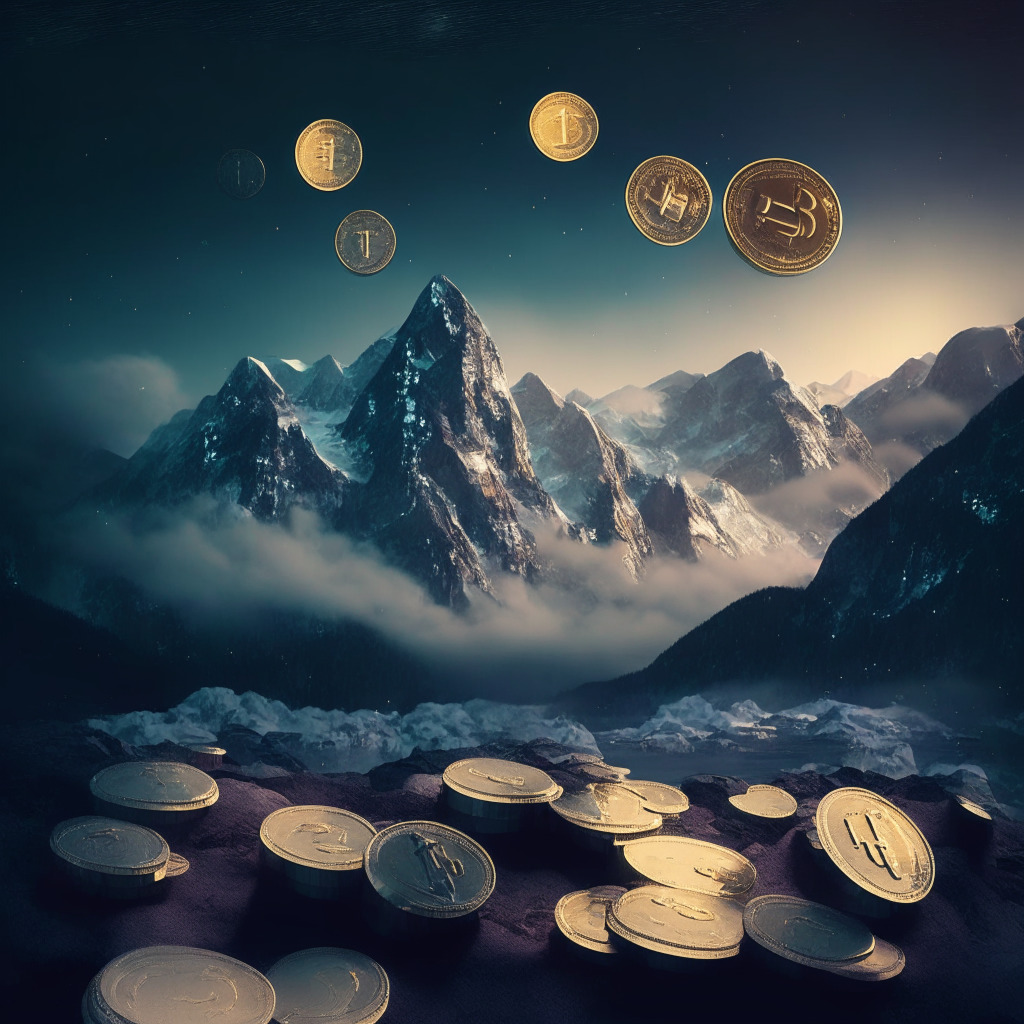 An abstract visual of digital coins representing various assets floating above a Swiss mountainscape under a dusky ethereal sky, hinting at a futuristic scene. Each coin subtly resembles real-world items like bonds or shares. The artistic style draws from Futurism with emphasis on technology, subtle lighting setting a mood of anticipation and mystery.