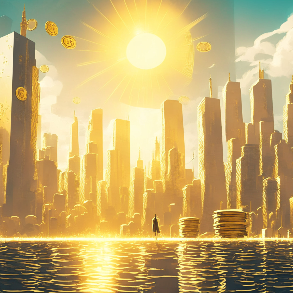 A vibrant cityscape bathed in golden morning light, skyscrapers symbolizing the ascending Bitcoin market during 'Uptober'. The sun, exuding optimism, rises amidst thin ethereal clouds. Metallic streets boisterously teem with minor golden coins alluding to the crypto market volatility. Faintly-visible sailors cautiously navigating the shimmering sea, juxtaposing the risk-aware investor sentiment. Art imitates life in this Surrealist-style portrayal of the unpredictable crypto market dynamics.