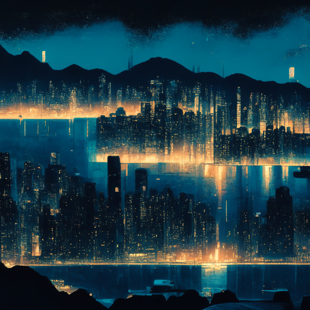 A panoramic cityscape of Hong Kong at twilight, painted in the style of Van Gogh's Starry Night. Skyscrapers illuminated with the soft glow of regulations, symbolic images of police & the SFC representatives collaborating shown in the foreground. The air vibrates with enigmatic tension, highlighting a shift in the crypto market's atmosphere. Hints of uncertainty and cautious optimism fill the scene.