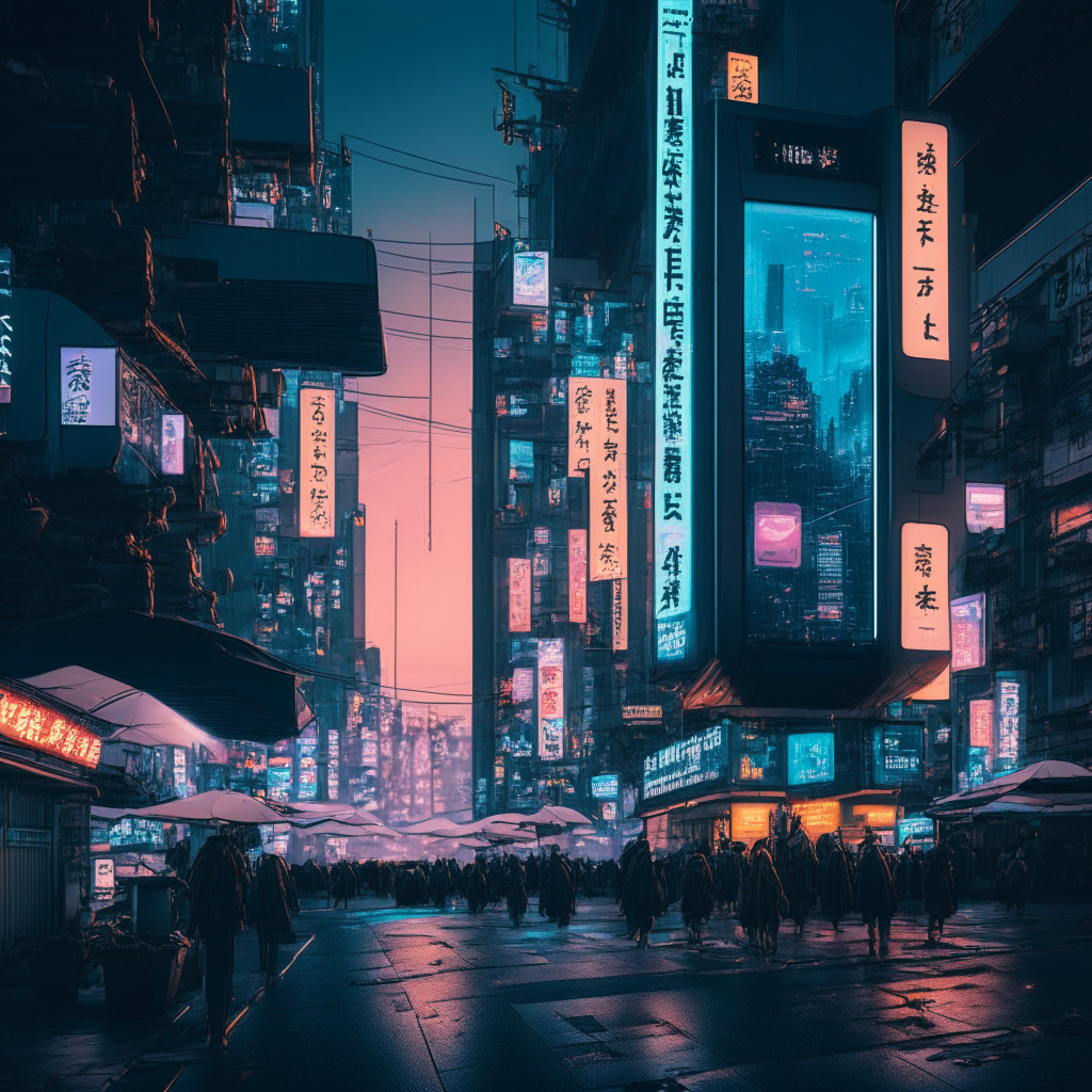 A cyberpunk-style Tokyo street scene at dusk, bustling with digital activity. Blockchain motifs are embedded in the urban landscape, reflective monoliths represent towering game consoles. Floating MBX tokens, ethereal glow from an exchange billboard. A thrilling atmosphere of anticipation, but casts long shadows hinting unease and regulatory hurdles.