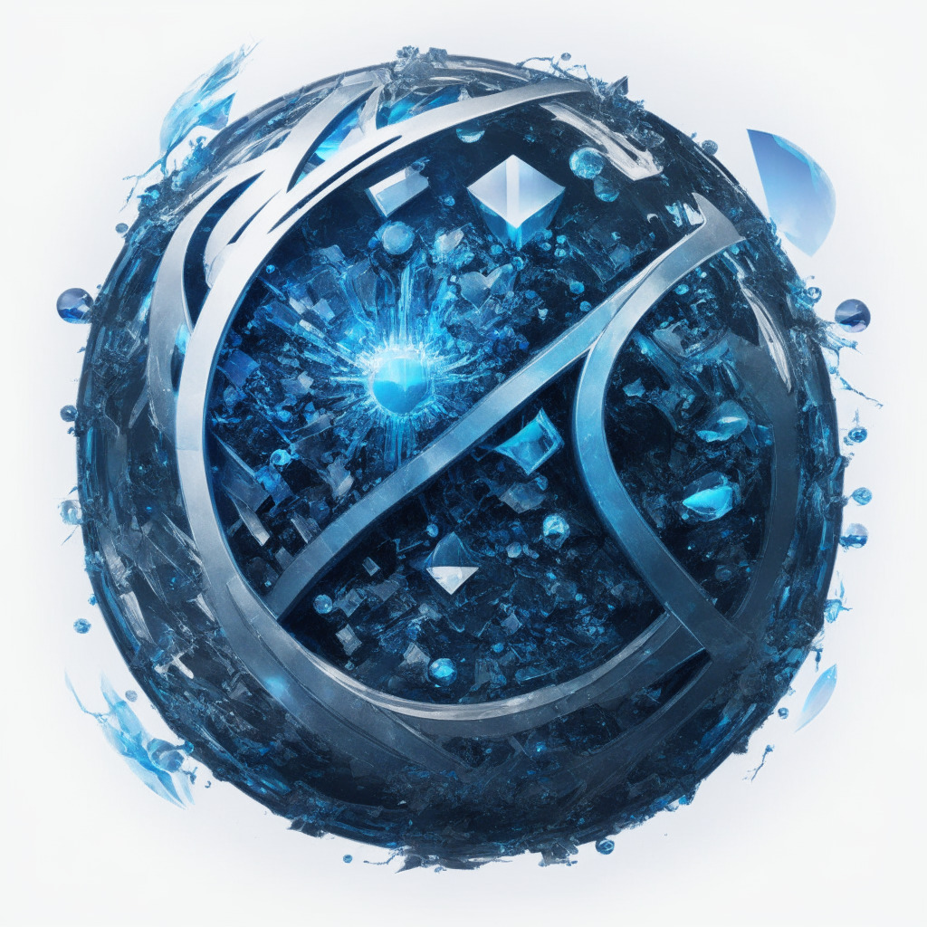 A bold, modernized logo dramatically emerging through a fragmented glass sphere, symbolizing unity in the chaotic crypto landscape. Palette radiates hues of deep blue to hint evolutionary growth, while sharp-edged, silver lettering signifies authority. Light beams penetrate, suggesting transparency, amidst a mysterious and intriguing atmosphere.