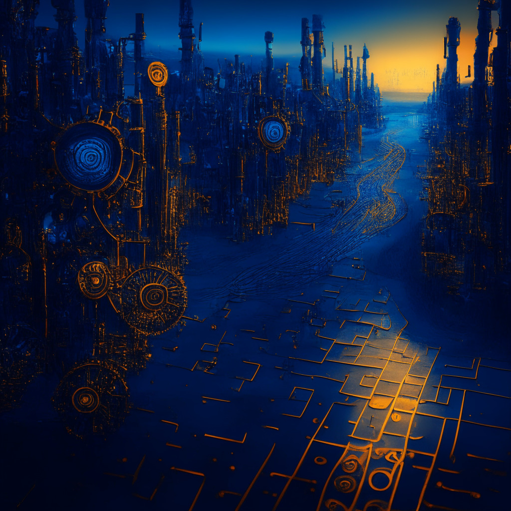 A steampunk-inspired scene at twilight, with hues of deep blue and gold. A forked road in a technological landscape filled with intricate gears and silicon chips, representing different paths. The mood is contemplative, highlighting OpenAI's strategic decision: in-house chip production vs outsourcing.