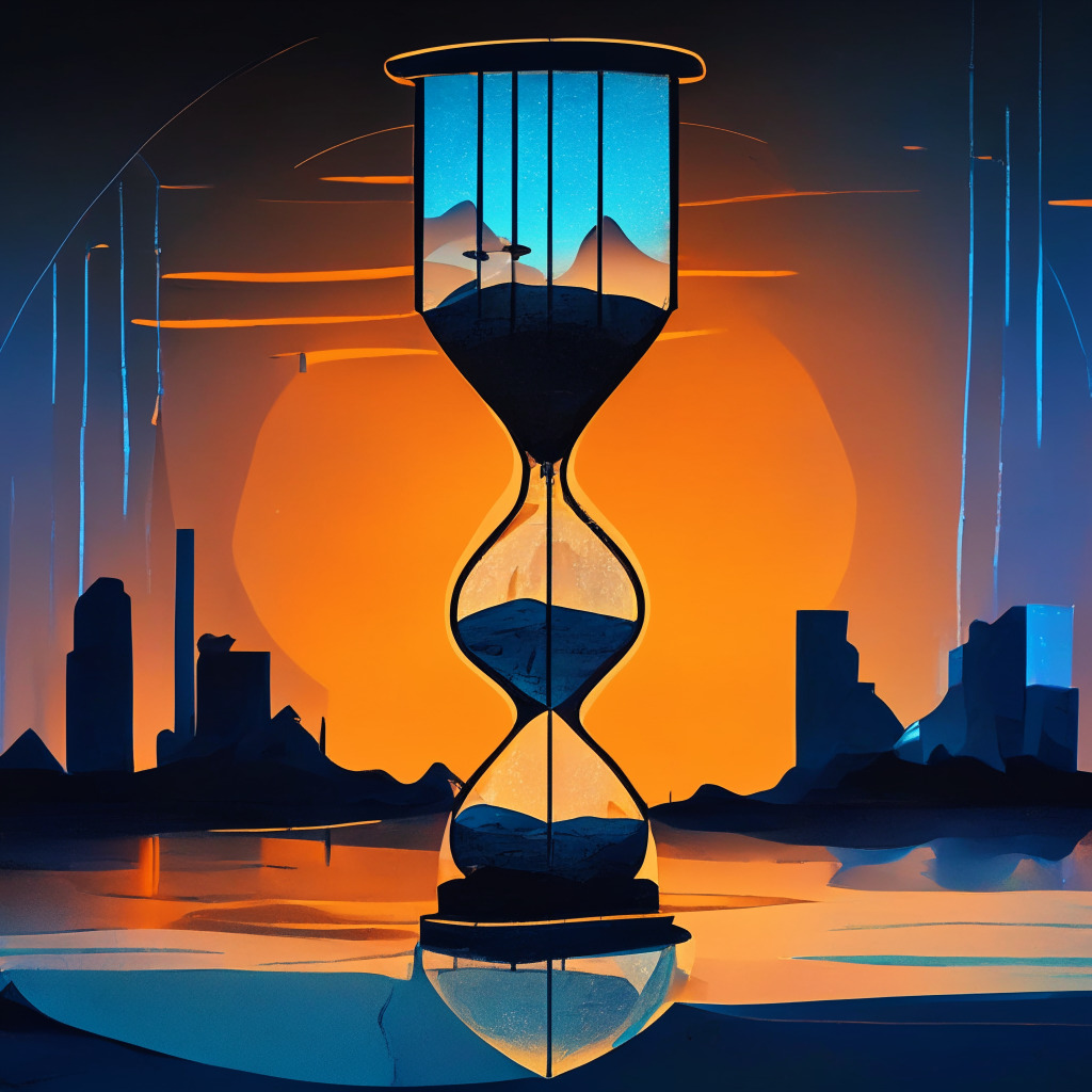 An abstract financial landscape at dusk, nuances of tension and anticipation. Central figure of an hourglass to symbolize the passing time for PayPal's stablecoin to gain credibility, shadows of other established coins like Tether and USDC looming in the background. Mood evokes the uncertainty of change, the light transitions from orange to midnight blue, indicating a shift in the crypto-ecosystem. A digital frontier, representing the transformation expected in global GDP, with elements of traditional and digital currencies merging.